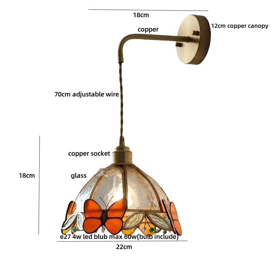 Butterfly-themed tiffany butterfly glass wall lamp with copper hardware and adjustable wire for bedroom decorbites lighting