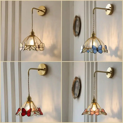 Tiffany butterfly glass wall lamp with brass hardware red led light and curved arm for bedroom decorbites tiffany butterfly