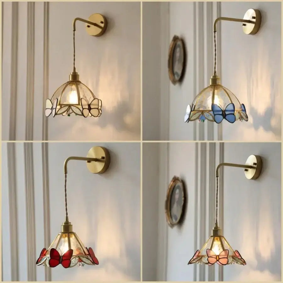 Tiffany butterfly glass wall lamp with brass hardware red led light and curved arm for bedroom decorbites tiffany butterfly