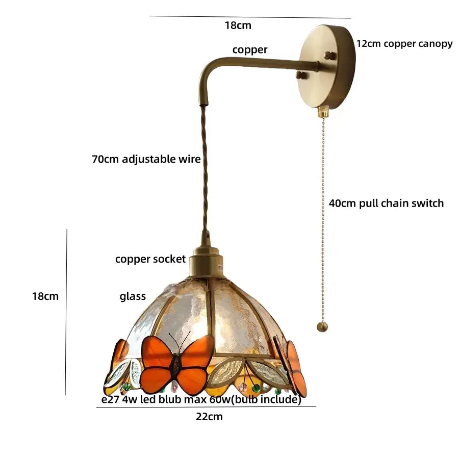 Vintage-style copper wall lamp decorbites tiffany butterfly with stained glass orange butterfly shade for bedroom lighting