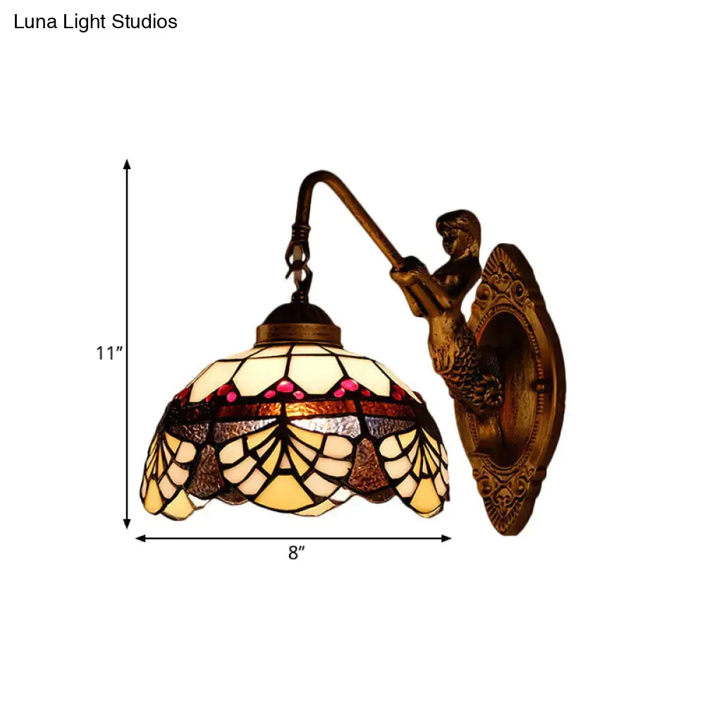 Antique brass mermaid-themed tiffany gold cut wall sconce with amber cream pink floral gold cut glass shade for bedroom light