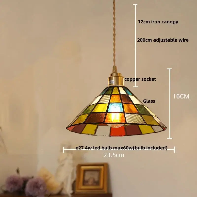 Colorful Tiffany green and cream stained glass led pendant lamp with copper socket and iron canopy for dining room
