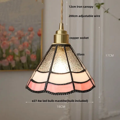 Vintage-style amber and pink stained glass led pendant lamp with brass-finished copper socket for dining room use