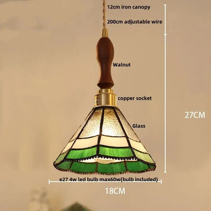 A 27cm tiffany green and cream stained glass led pendant lamp with walnut-finished iron canopy and copper socket