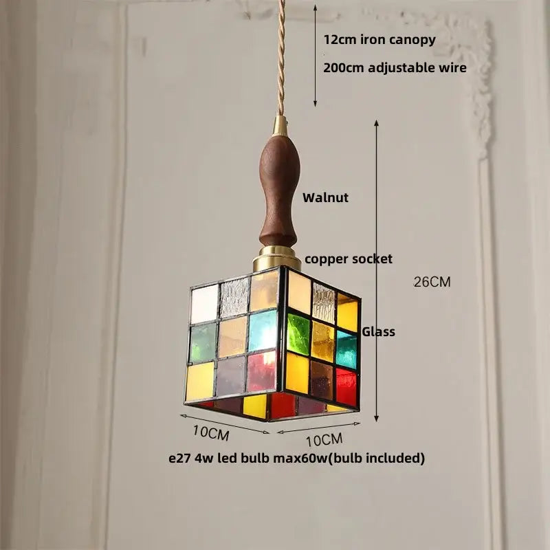 Tiffany green and cream stained glass led pendant lamp with walnut wooden handle and copper socket for dining room