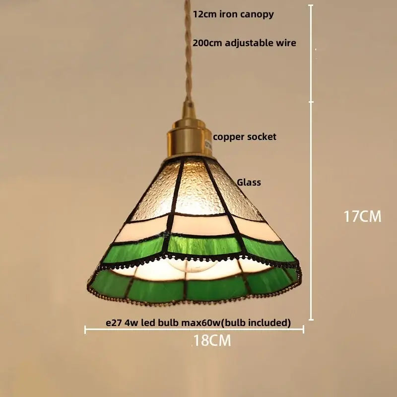 Vintage-style tiffany green and cream stained glass led pendant lamp with conical shade and copper socket for dining room