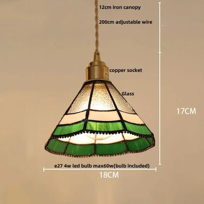Vintage-style tiffany green and cream stained glass led pendant lamp with conical shade and copper socket for dining room