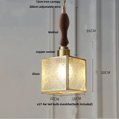 Tiffany green and cream stained glass led pendant lamp with brass frame and walnut handle for dining room lighting
