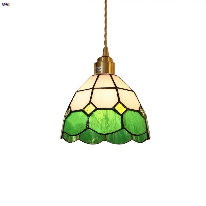 Tiffany green and cream stained glass led pendant lamp with brass finish ideal for dining room lighting