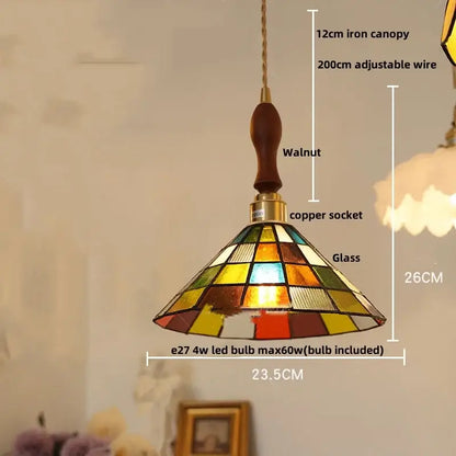 Tiffany green and cream stained glass led pendant lamp with walnut iron canopy and copper socket for dining room