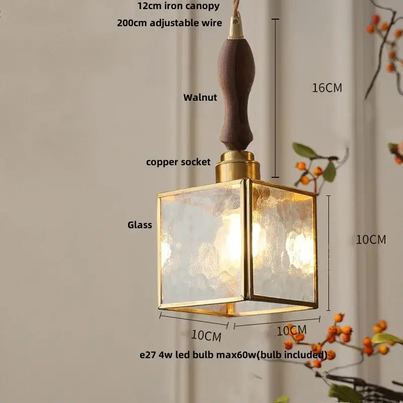 Tiffany green and cream stained glass led pendant lamp with square glass shade brass frame and walnut iron canopy