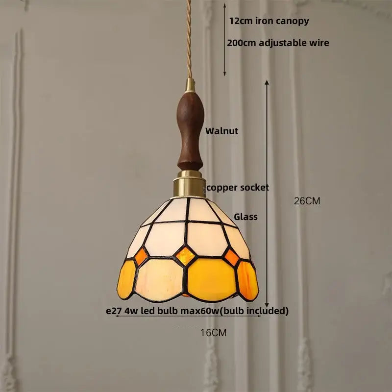 Vintage-style tiffany green and cream stained glass led pendant lamp with walnut iron canopy for dining room use