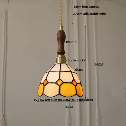 Vintage-style tiffany green and cream stained glass led pendant lamp with walnut iron canopy for dining room use