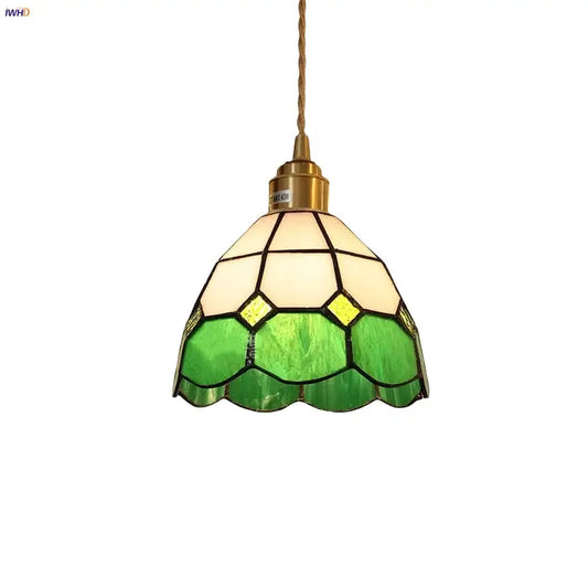 Tiffany green and cream stained glass led pendant lamp with brass finish for dining room lighting