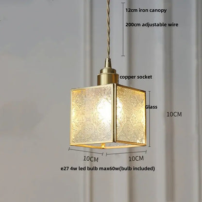 Gold-toned square glass led pendant lamp with etched panels and copper socket for dining room lighting