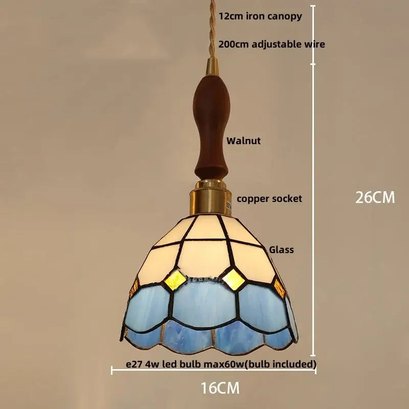 Tiffany green cream stained glass led pendant lamp with walnut handle copper socket for dining room lighting