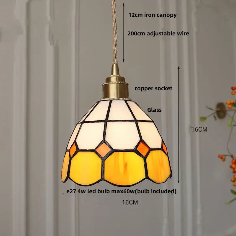 Tiffany green and cream warm-toned glass led pendant lamp with geometric amber pattern for dining room lighting