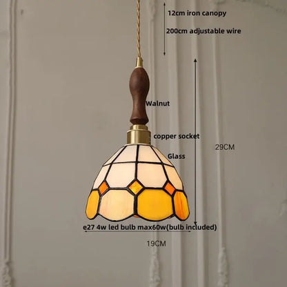 Tiffany green and cream stained glass led pendant lamp with walnut iron canopy and copper socket for dining room