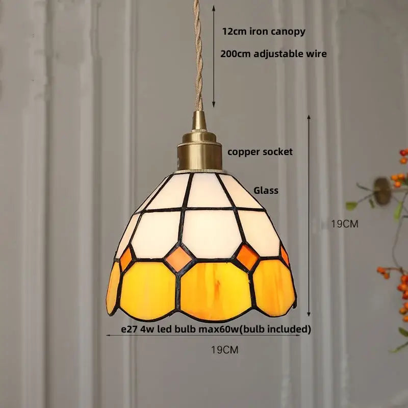 Warm-toned Tiffany green and cream stained glass led pendant lamp with honeycomb pattern for dining room lighting