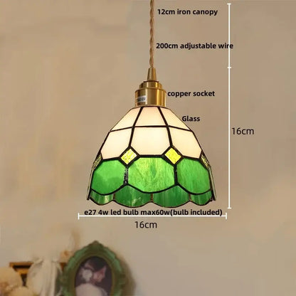 Tiffany green and cream stained glass led pendant lamp with brass copper socket for dining room lighting