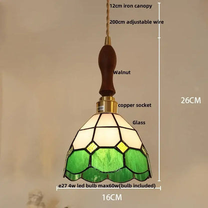 Tiffany green and cream stained glass led pendant lamp with walnut-finished iron canopy for dining room lighting