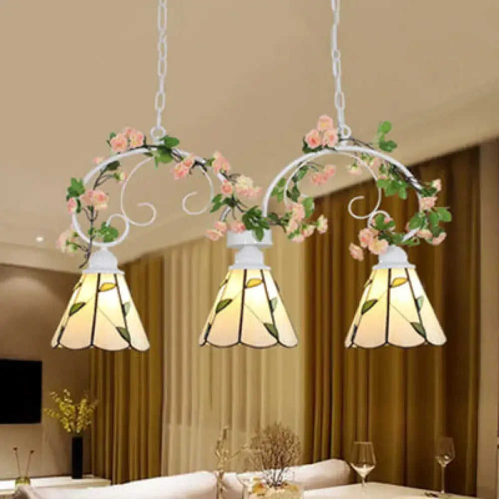 Decorbites tiffany style white wrought iron pendant light with three pink stainless glass cone shades and leaf pattern