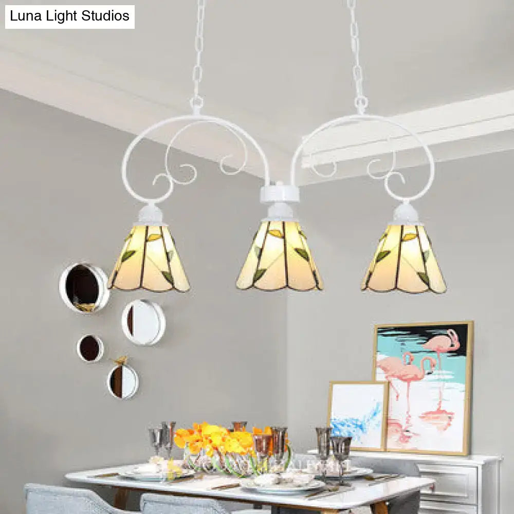 Decorbites tiffany style white wrought iron pendant light with three stained glass cone shades and leaf pattern