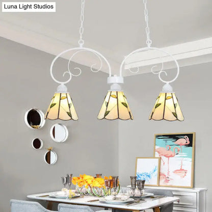Decorbites tiffany style white wrought iron pendant light with three stained glass cone shades and leaf pattern