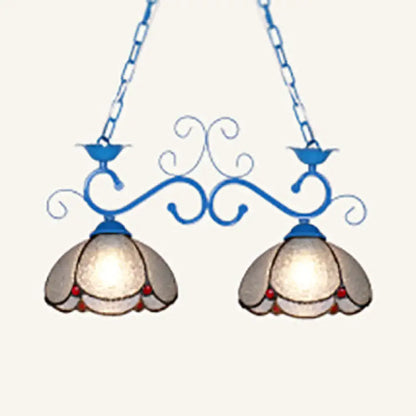 Blue wrought iron scalloped edged island light fixture with two floral stained glass shades and red bead accents 220v-240v