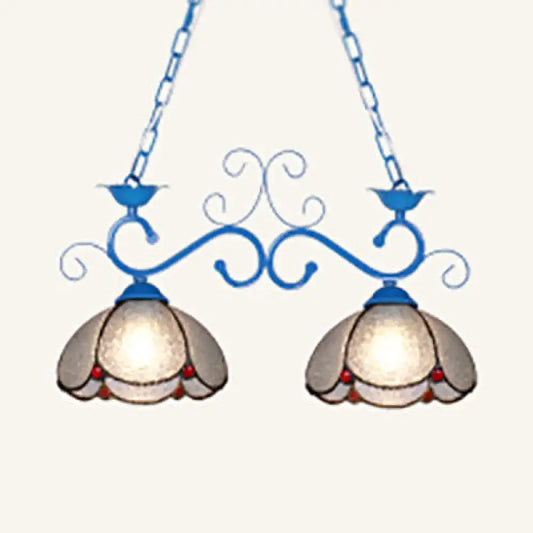 Blue wrought iron scalloped edged island light fixture with two floral stained glass shades and red bead accents 220v-240v