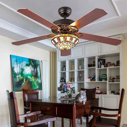 Decorative tiffany ceiling fan with five dark wood blades and amber stained glass ceiling fan light for living room