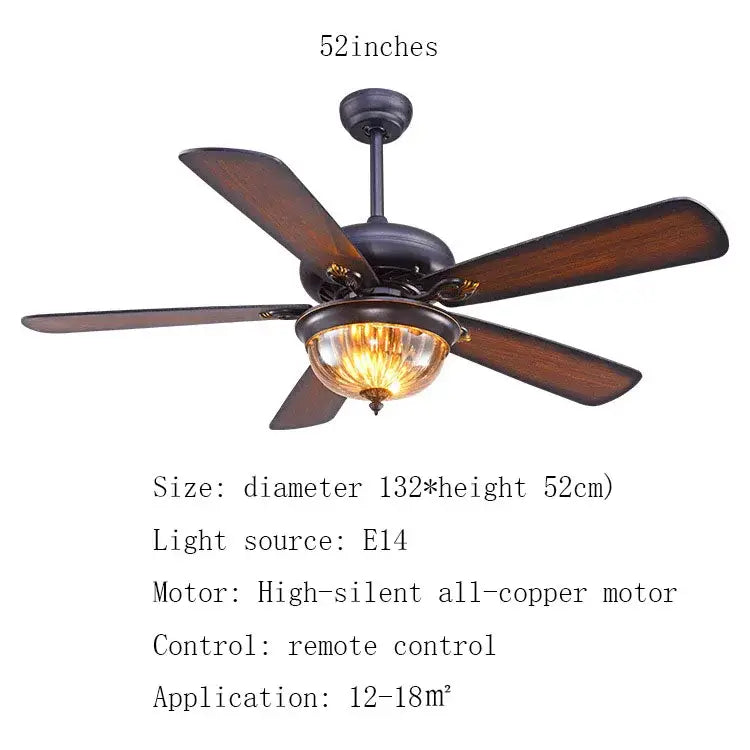52-inch tiffany ceiling fan light with dark bronze finish, five wooden blades, and central glass light fixture for living room