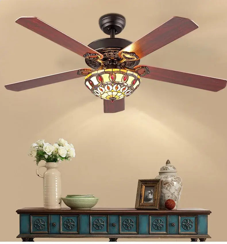 Tiffany ceiling fan with dark brown wooden blades and ornate stained glass ceiling fan light for living room use