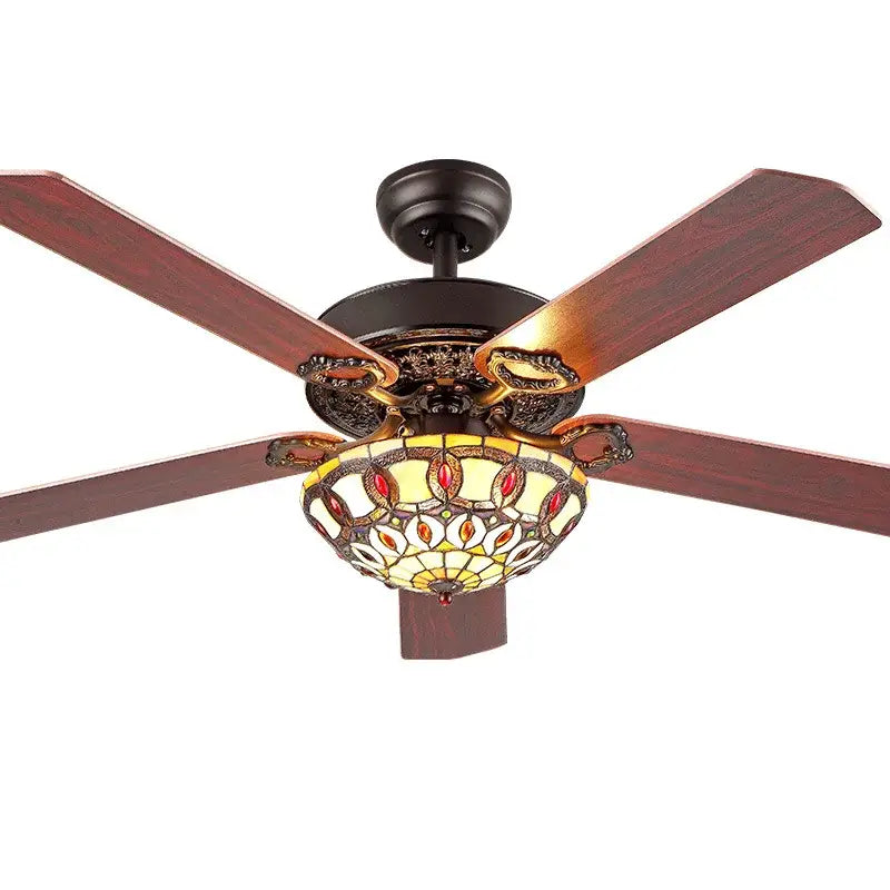 Tiffany ceiling fan light with dark bronze hardware, mahogany blades, and amber red stained glass for living room