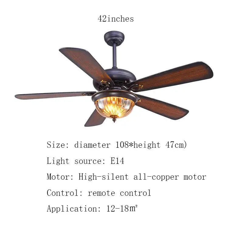 Dark bronze tiffany ceiling fan with five wooden blades and glass-encased light fixture for living room use