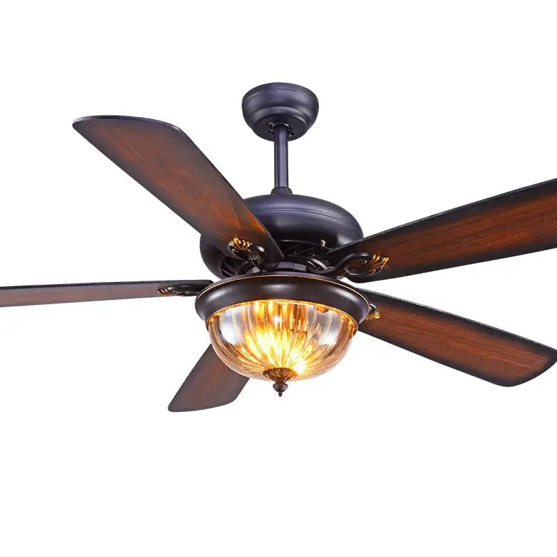 Tiffany ceiling fan with dark bronze finish five wooden blades and warm glass bowl ceiling fan light for living room