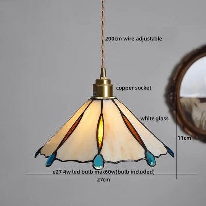 Delicate tiffany stained glass copper led pendant lamp with cream amber teal glass shade for dining room lighting