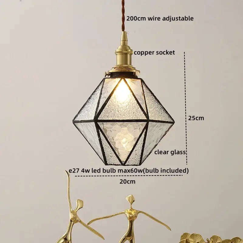 Tiffany stained glass copper led pendant lamp with geometric clear glass shade and brass accents for dining room