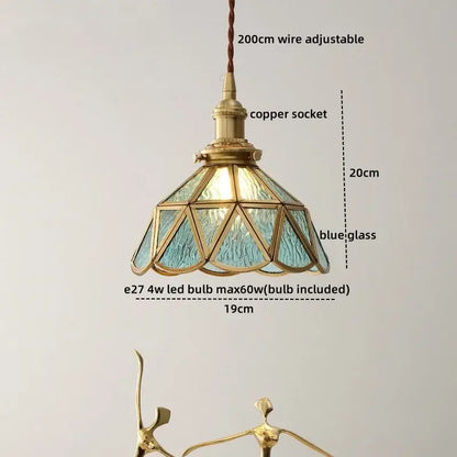 Blue-tinted Tiffany stained glass copper led pendant lamp with brass frame and copper socket for dining room lighting