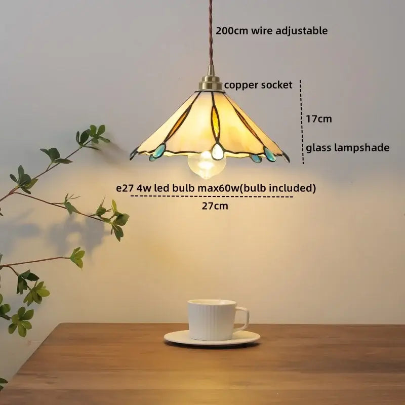 Tiffany stained glass copper led pendant lamp with amber teal accents copper socket and 200cm adjustable wire