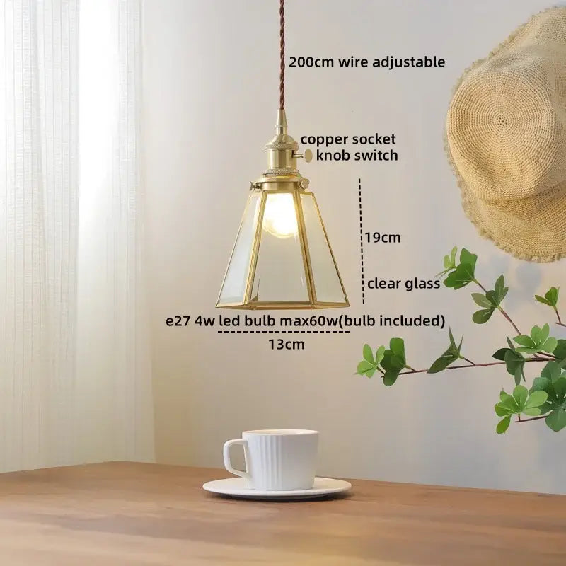 Brass-framed tiffany stained glass copper led pendant lamp with clear glass panels and copper led pendant knob switch