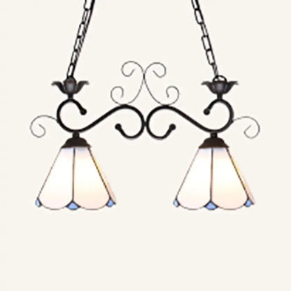 Black wrought iron decorbites tiffany style island pendant light with two blue white stained glass shades