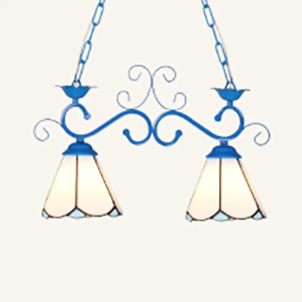 Blue white tiffany style decorbites™ island pendant light with black blue white wrought iron and cream stained glass shades