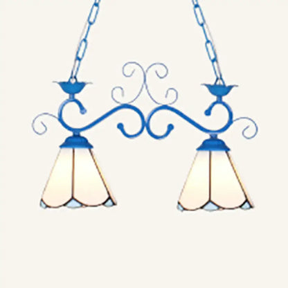 Blue white tiffany style decorbites™ island pendant light with black blue white wrought iron and cream stained glass shades