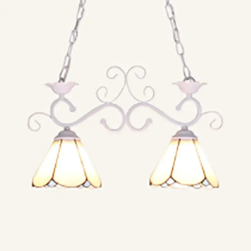 Delicate white wrought iron tiffany style island pendant light with two illuminated blue white stained glass shades