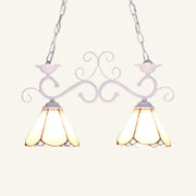Delicate white wrought iron tiffany style island pendant light with two illuminated blue white stained glass shades