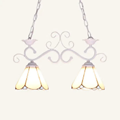 Delicate white wrought iron tiffany style island pendant light with two illuminated blue white stained glass shades