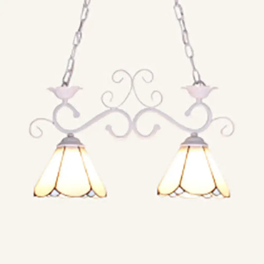 Delicate white wrought iron tiffany style island pendant light with two illuminated blue white stained glass shades