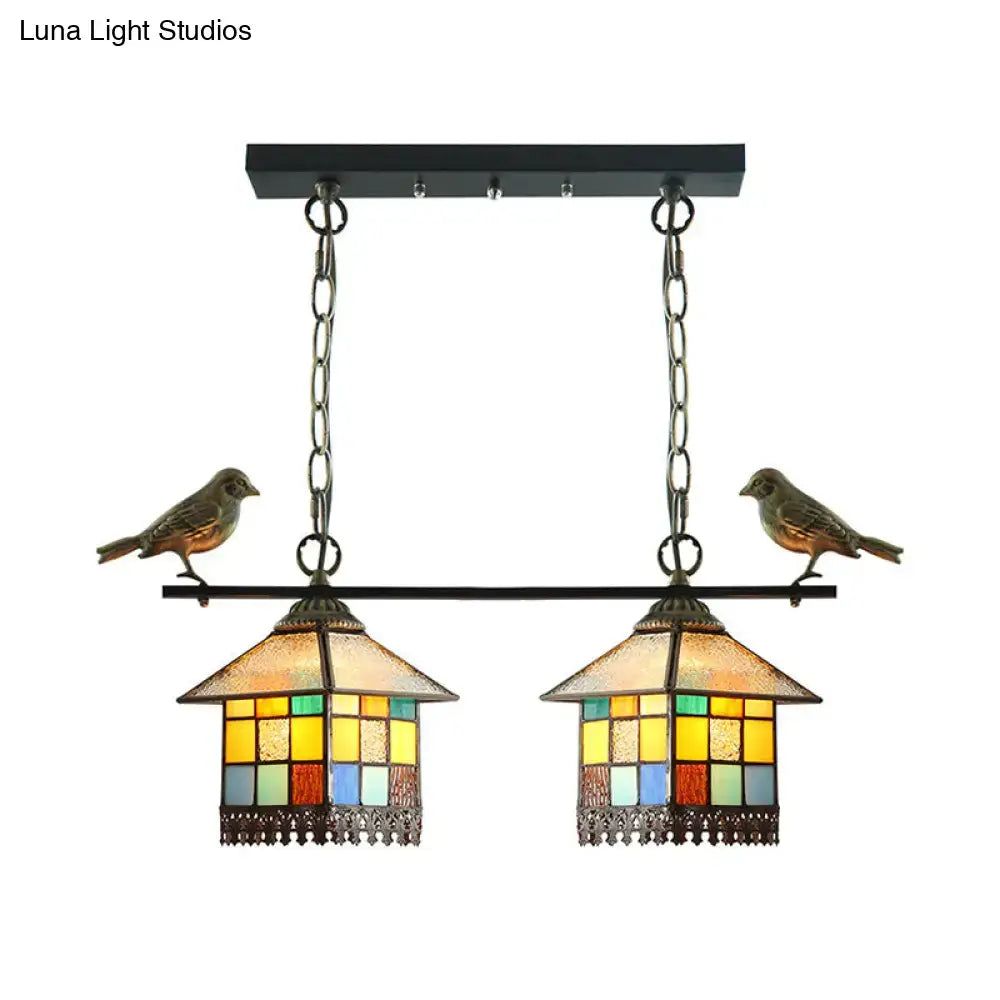 Vintage-style DecorBites™ pendant light with stained glass shade in yellow green blue and bird metalwork 220v-240v 110v-120v