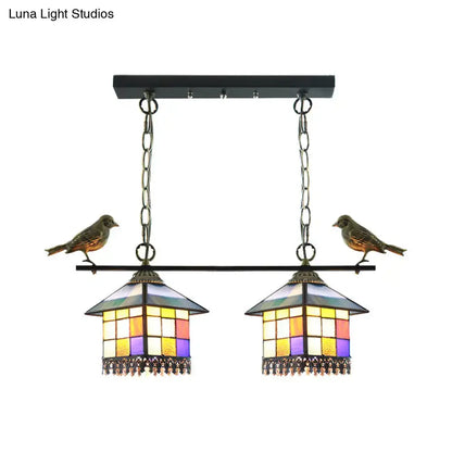Black metal pendant light with two colorful stained glass shades and bird figurines suitable for 220v-240v 110v-120v use
